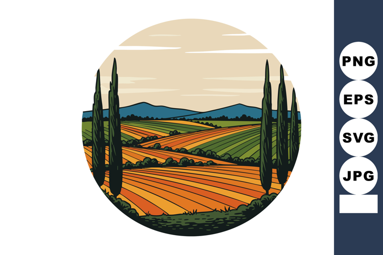Rolling farmland landscape with cypress trees and distant mo