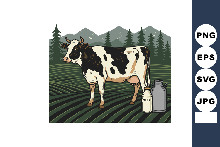 Cow standing in green field with milk cans and pine trees un