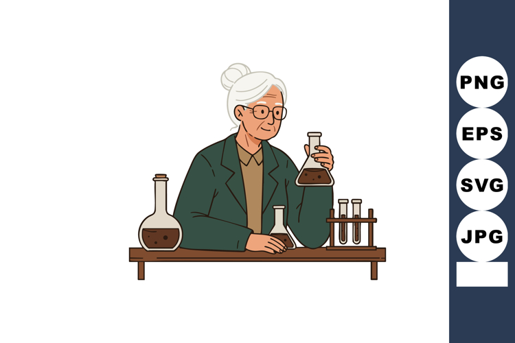 Elderly female scientist conducting chemistry experiment wit