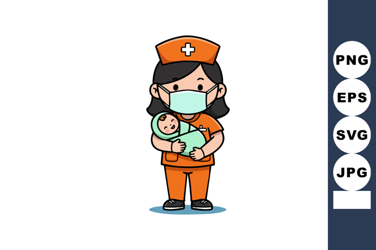 Nurse Holding Newborn Baby in Medical Mask and Orange Unifor