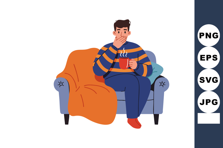 Man Sitting on Armchair Drinking Hot Beverage with Orange Bl