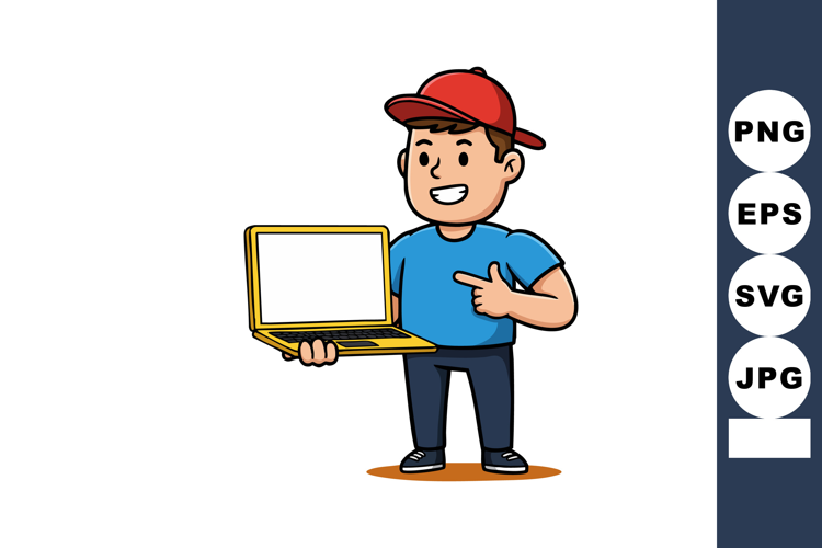 Boy in red cap holding and pointing at blank laptop screen v