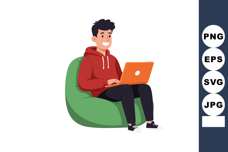 Young man sitting on green bean bag using orange laptop casu