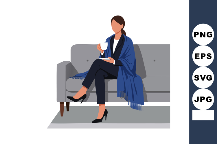 Woman wrapped in blue shawl sitting on gray sofa drinking co