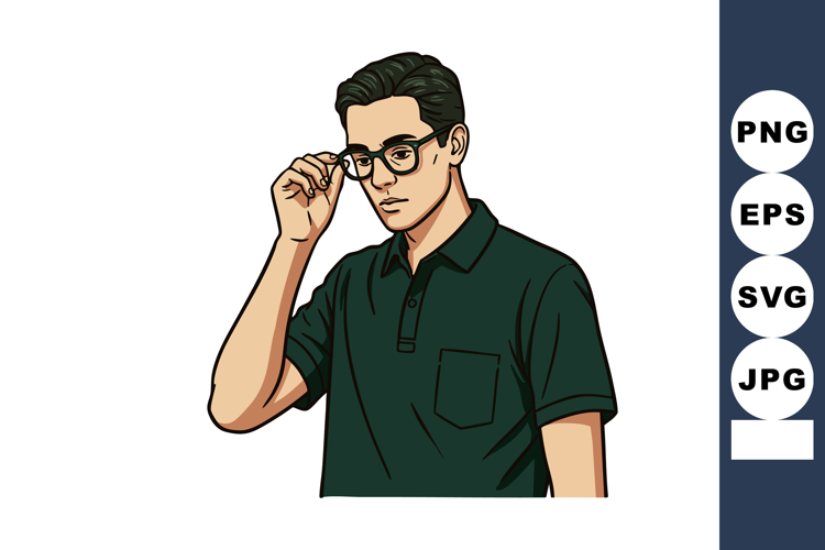 Young man adjusting glasses wearing dark green polo shirt ve