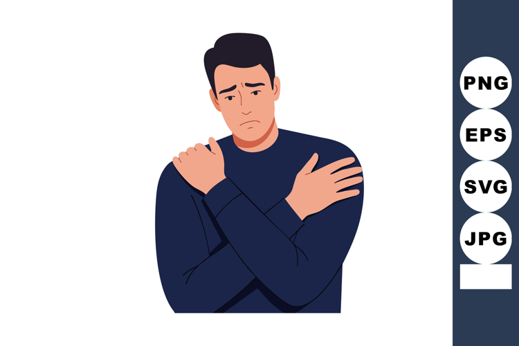 Man in navy blue sweater holding shoulders with sad expressi