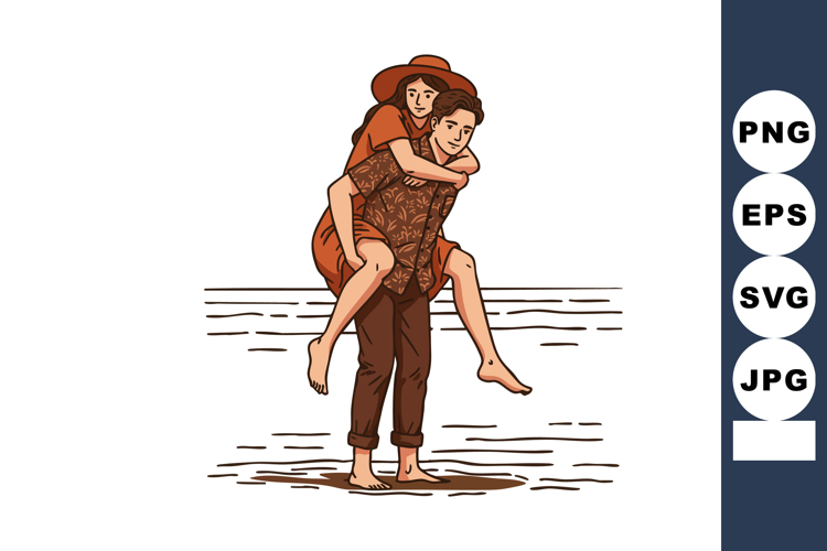 Couple enjoying a piggyback ride on the beach barefoot in ca