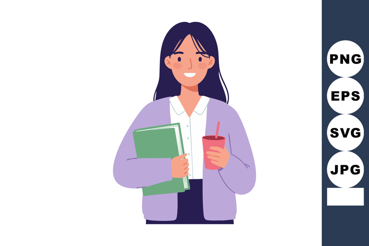 Young woman holding books and cup in casual purple cardigan