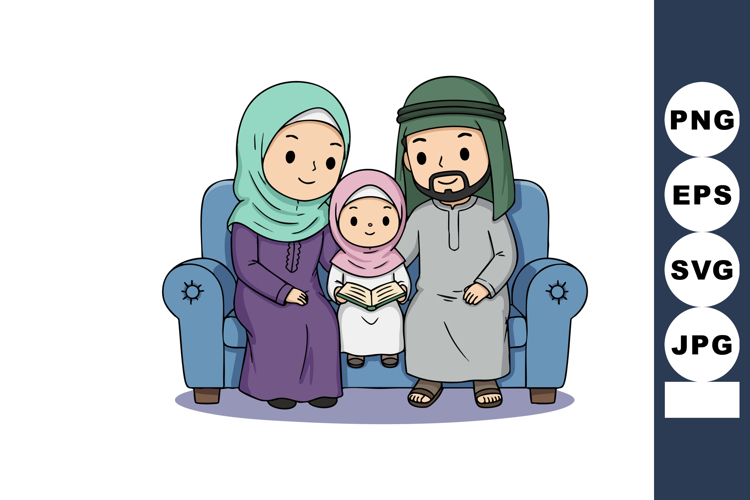 Muslim family sitting on sofa reading book together in tradi