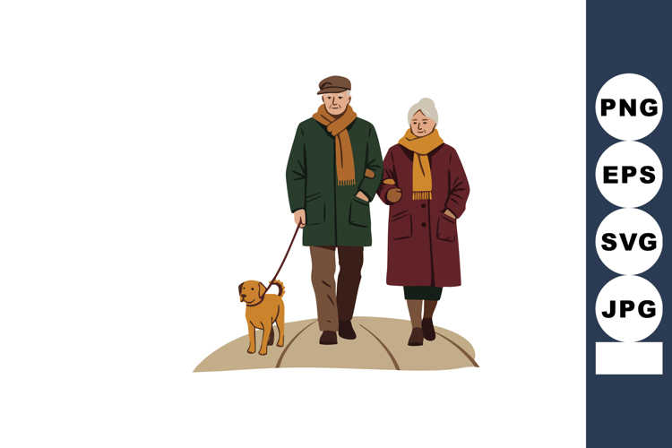 Elderly couple walking dog outdoors in warm coats and scarve