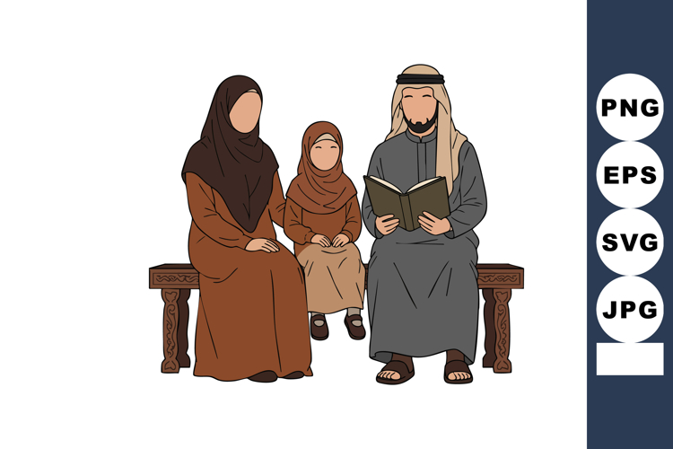 Middle Eastern family reading book together sitting on woode