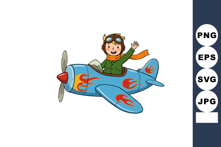 Child pilot flying blue airplane with flame decals waving ha