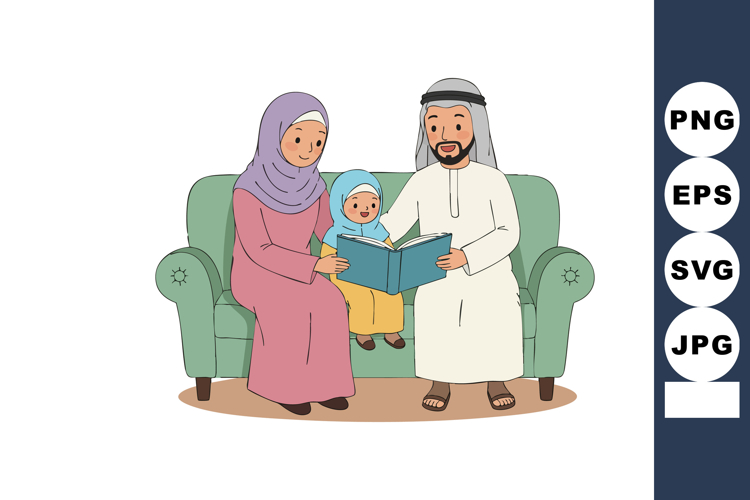 Middle Eastern Family Reading Book Together on Sofa with Chi