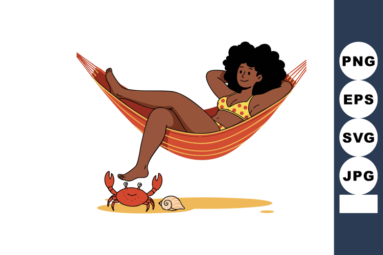 Woman relaxing in orange hammock on beach with crab and seas
