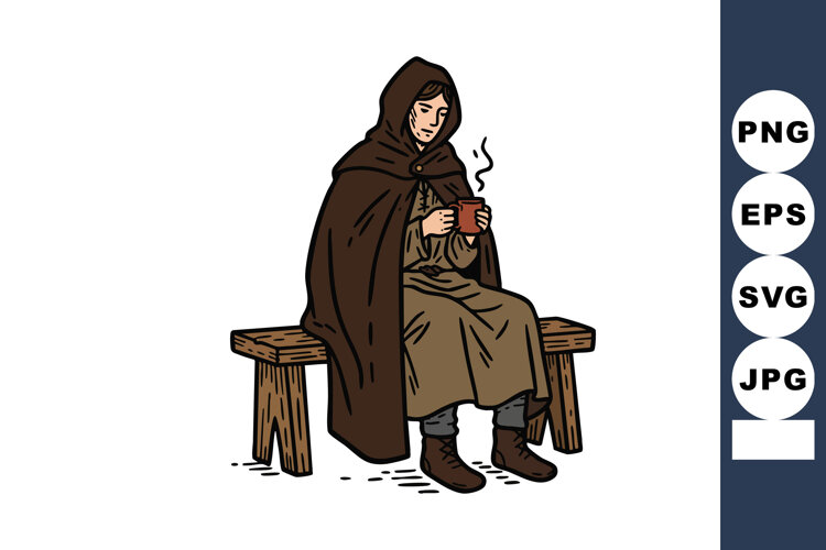 Woman in brown cloak sitting on wooden bench drinking hot be example image 1