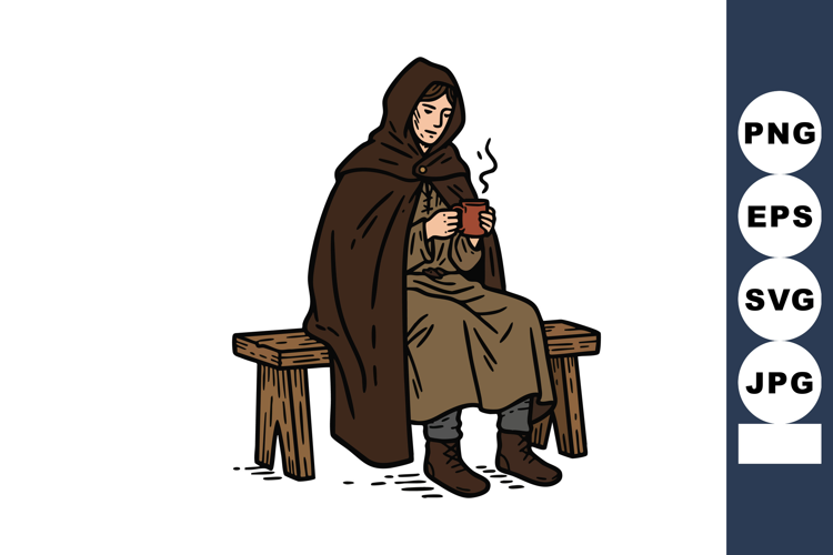 Woman in brown cloak sitting on wooden bench drinking hot be