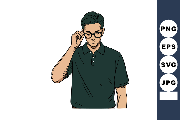 Young man adjusting glasses wearing dark green polo shirt ve