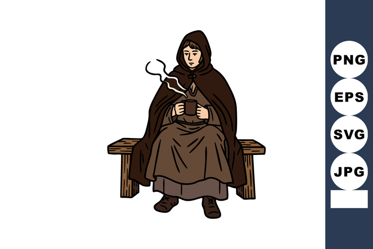 Woman in brown cloak drinking hot beverage sitting on wooden