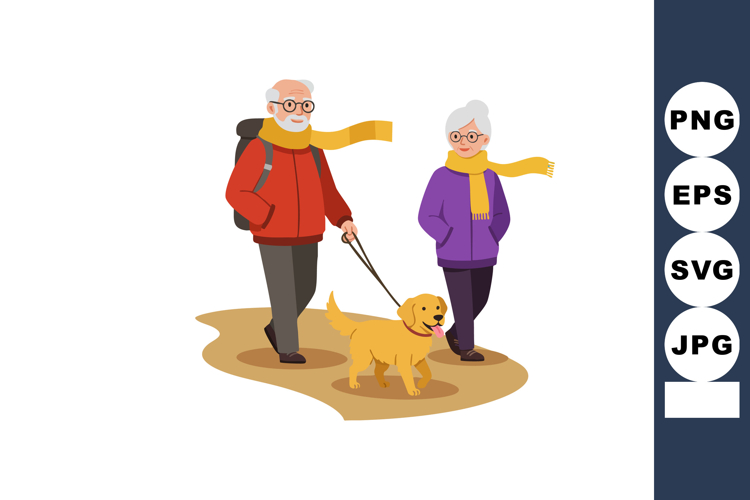 Elderly couple walking dog outdoors in autumn clothing with