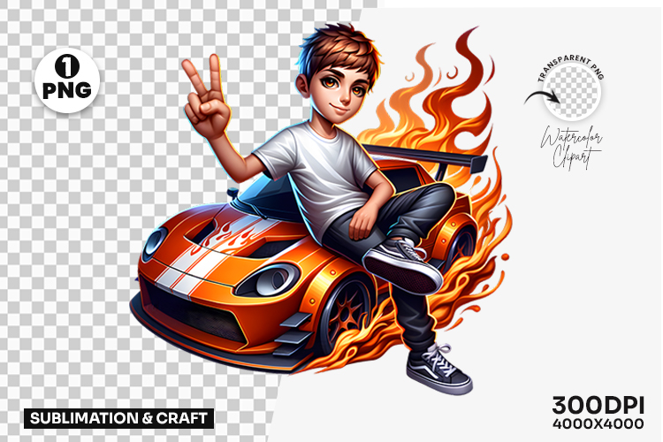 Kart Racing Driver with Fire PNG Clipart Sublimation Design