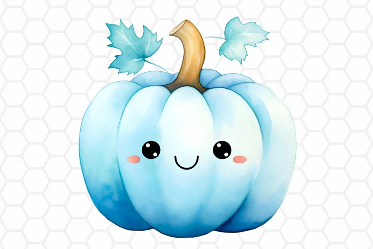 Kawaii Blue Watercolor Pumpkin Sublimation Clipart PNG
