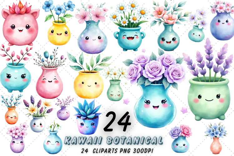 Kawaii Botanical Vase Watercolor Clipart | Cute Pastel PNG