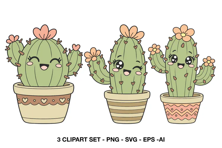 Kawaii Cactus Clipart with Cute Faces