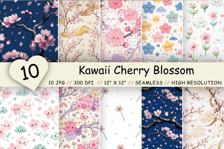 kawaii digital paper, cherry blossom pattern, kawaii seamless pattern, japanese digital paper, cherry blossom paper, kawaii floral pattern, sakura digital paper, kawaii scrapbook paper, cherry blossom tile, kawaii pattern bundle, sakura seamless pattern, 