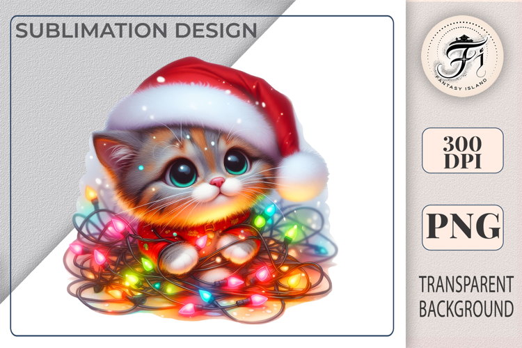 Cute kawaii Christmas kitten clipart in Santa hat with lights. PNG, 300 DPI, transparent background — perfect for stickers, cards, kids Xmas designs.