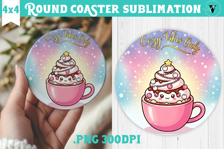 Cute Christmas Round Coaster | Kawaii Pink Xmas