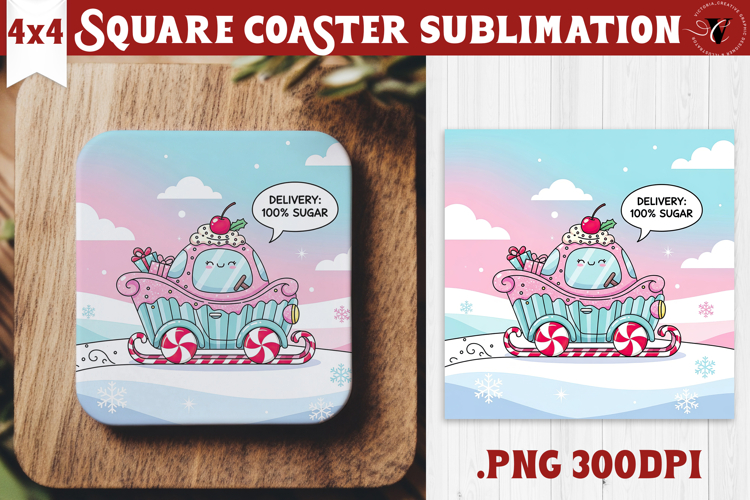 Cute Christmas Square Coasters | Kawaii Pink Xmas