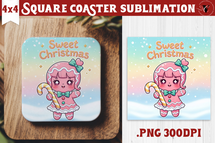 Cute Christmas Square Coasters | Kawaii Pink Xmas