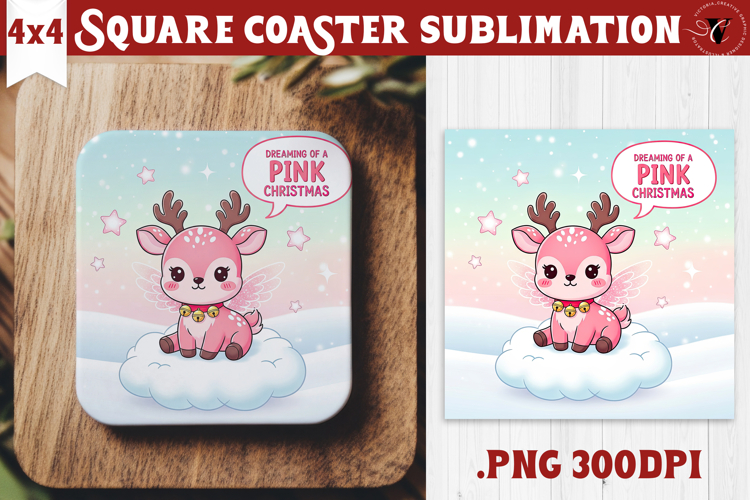 Cute Christmas Square Coasters | Kawaii Pink Xmas