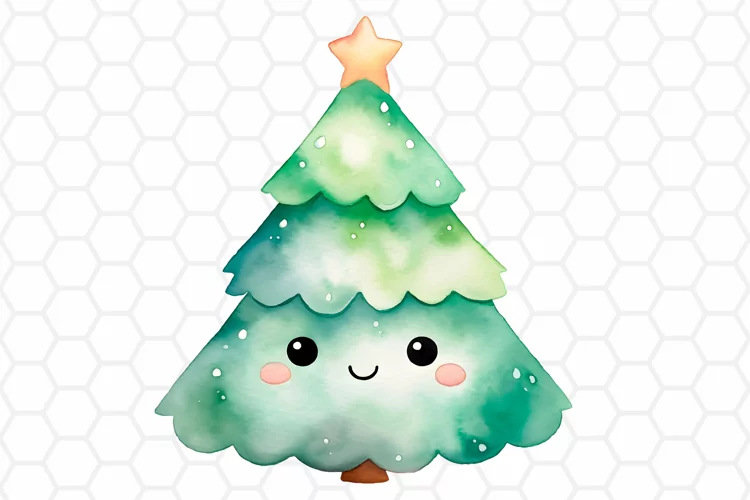 Kawaii Christmas Tree Clipart, Watercolor Sublimation PNG
