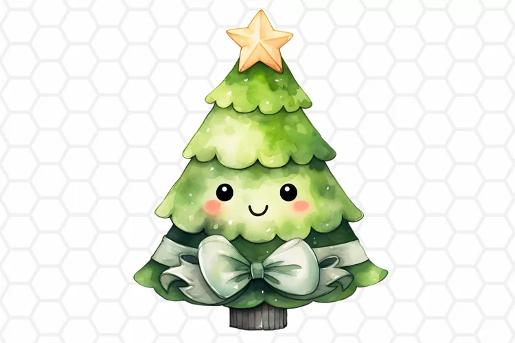 Kawaii Christmas Tree Clipart, Watercolor Sublimation PNG