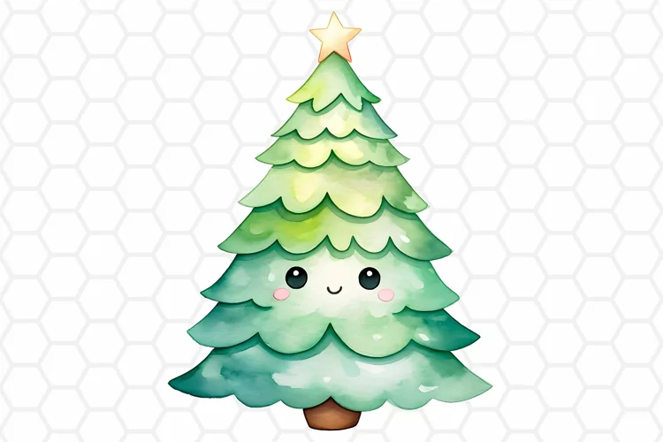 Kawaii Christmas Tree Clipart, Watercolor Sublimation PNG