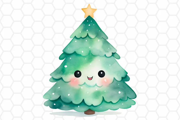 Kawaii Christmas Tree Clipart, Watercolor Sublimation PNG