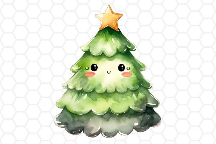 Kawaii Christmas Tree Clipart Watercolor Sublimation