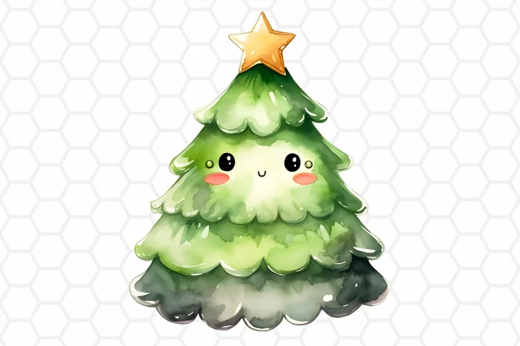 Kawaii Christmas Tree Clipart, Watercolor Sublimation PNG