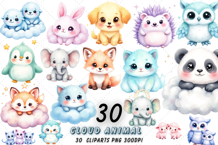 Kawaii Cloud Animal Watercolor Clipart | Pastel Cloud Pets