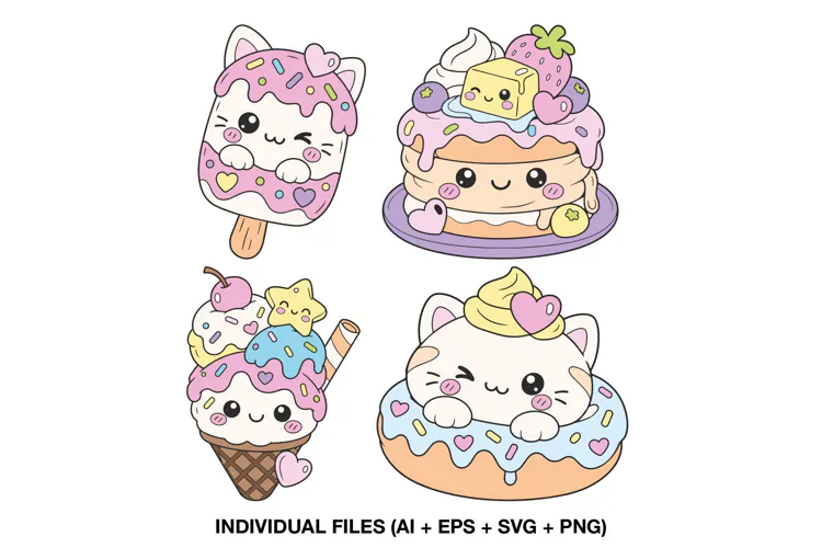 Kawaii Dessert Clipart with Cute Cat, Donut and Ice Cream