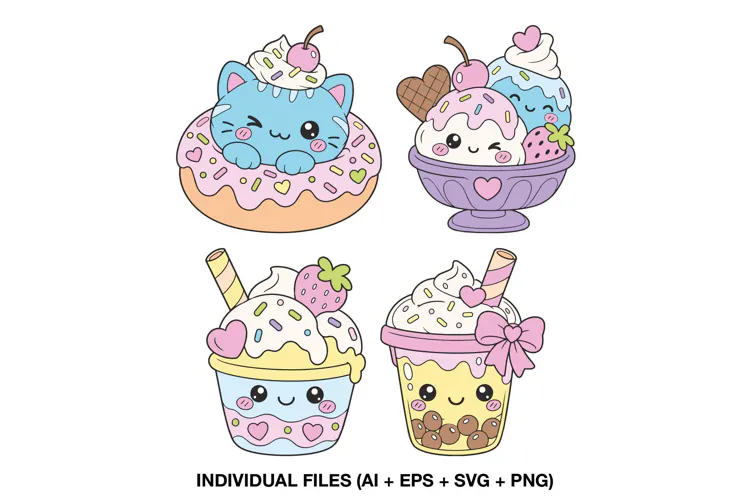 Kawaii Dessert Clipart with Donut, Ice Cream and Sweet Drink