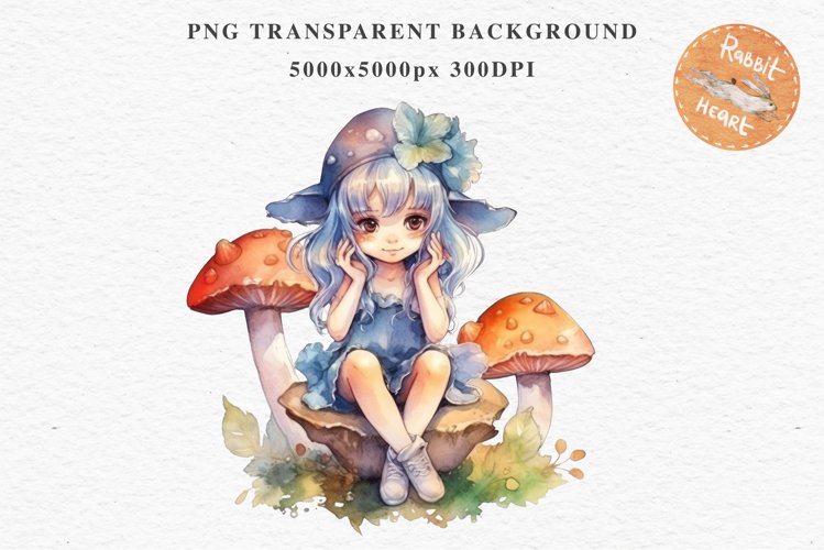 Kawaii Fairy Girl Clipart Watercolor Cute Pixie Mushroom PNG