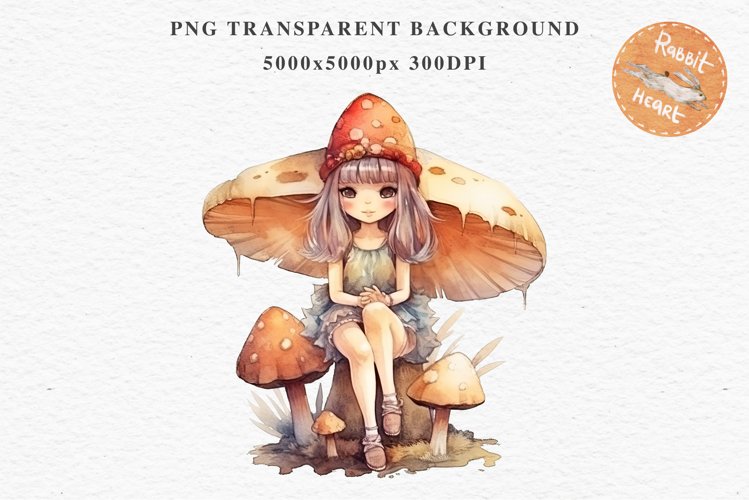 Kawaii Fairy Girl Clipart Watercolor Cute Pixie Mushroom PNG