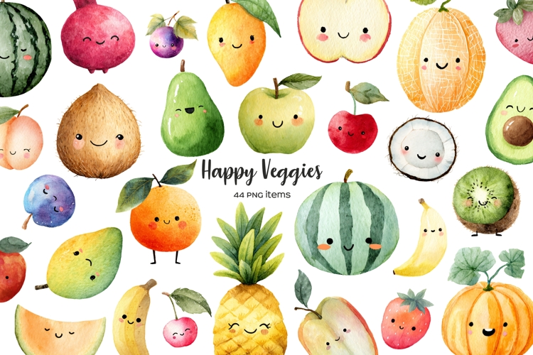 Watercolor Kawaii fruits clipart Happy fcute ruit with face