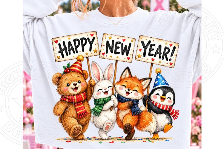 Kawaii Happy New Year Animals PNG example image 1