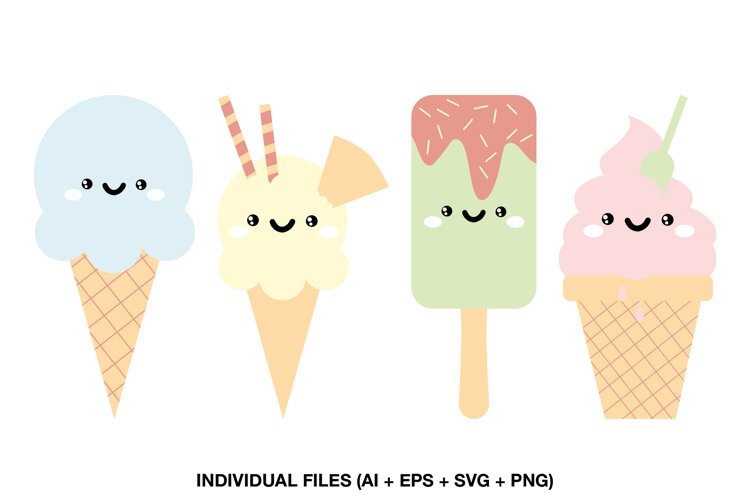 Kawaii ice cream clipart collection with four pastel frozen treats