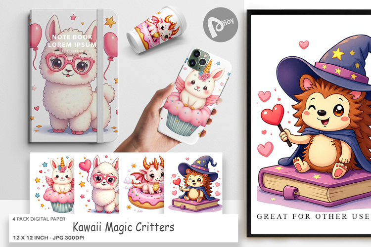 Digital Paper Kawaii Magic Critters