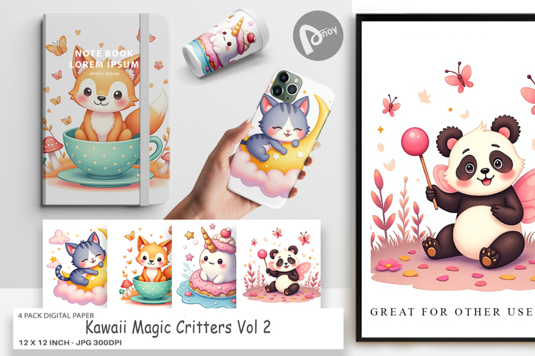 Digital Paper Kawaii Magic Critters