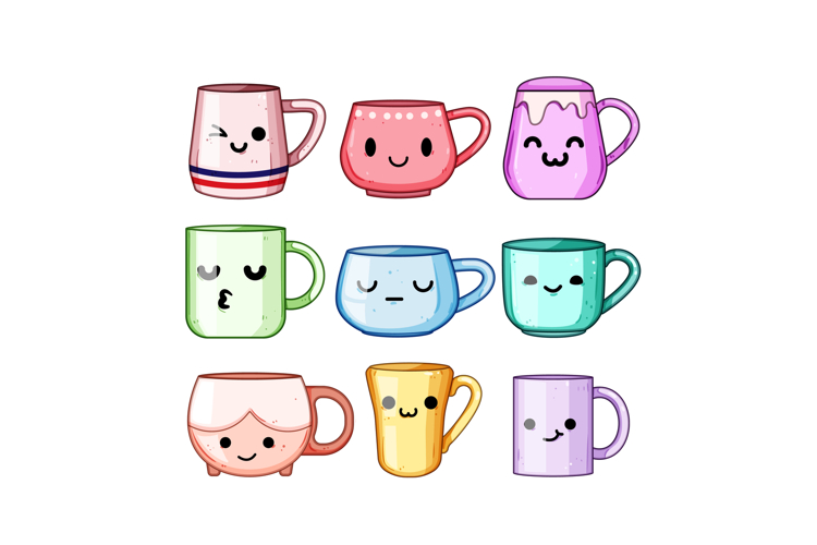Colorful kawaii mugs collection showing various cute express